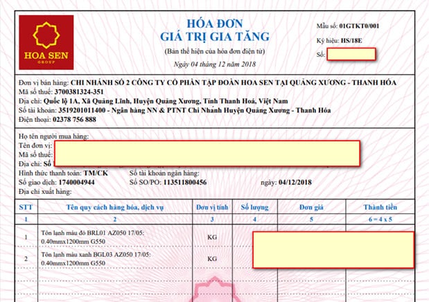 Mẫu hóa đơn giá trị gia tăng tôn Hoa Sen