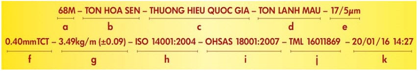 Quy định vị trí và thông tin dòng in trên bề mặt tôn Hoa Sen