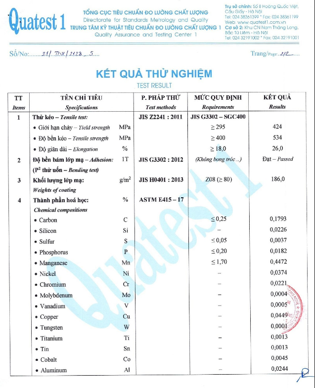 Chứng chỉ chất lượng JIS nhật bản của thép hộp Hoà Phát