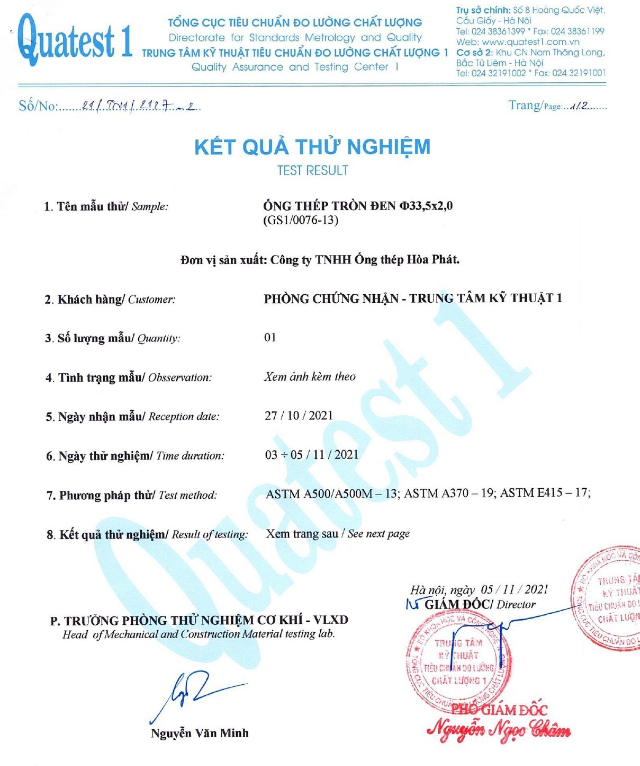 Chứng chỉ chất lượng thép hộp hoà phát theo tiêu chuẩn ASTM