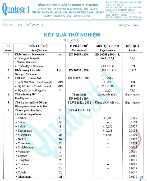 Chứng chỉ chất lượng thép hộp hoà phát theo TCVN