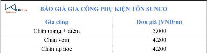 Bảng giá gia công phụ kiện tôn Sunco