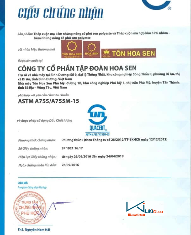 Chứng nhận ASTM tôn Hoa Sen