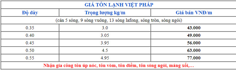 Giá tôn lạnh Việt Pháp