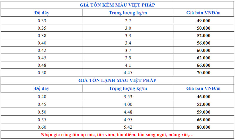 Giá tôn màu Việt Pháp