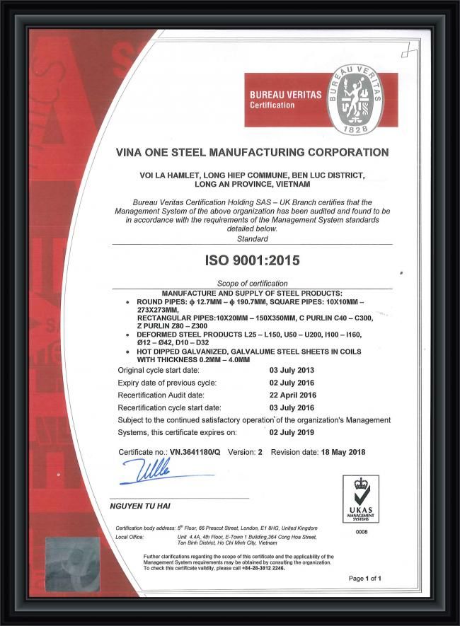 Chứng nhận ISO 9001:2015 của nhà máy tôn VinaOne